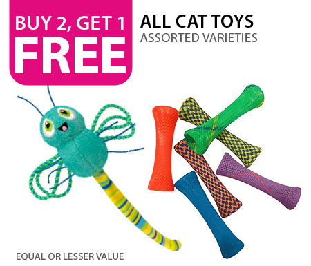 Buy 2, get 1 free all cat toys. Equal or lesser value