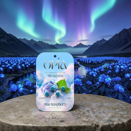 Product label for blue raspberry with a colorful aurora backdrop.