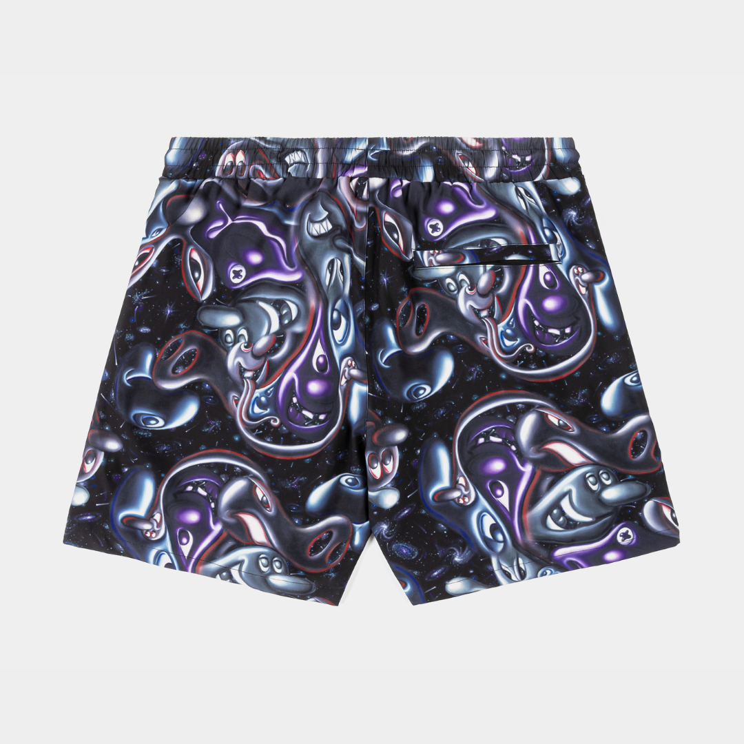 Black swim shorts with colorful abstract pattern design.
