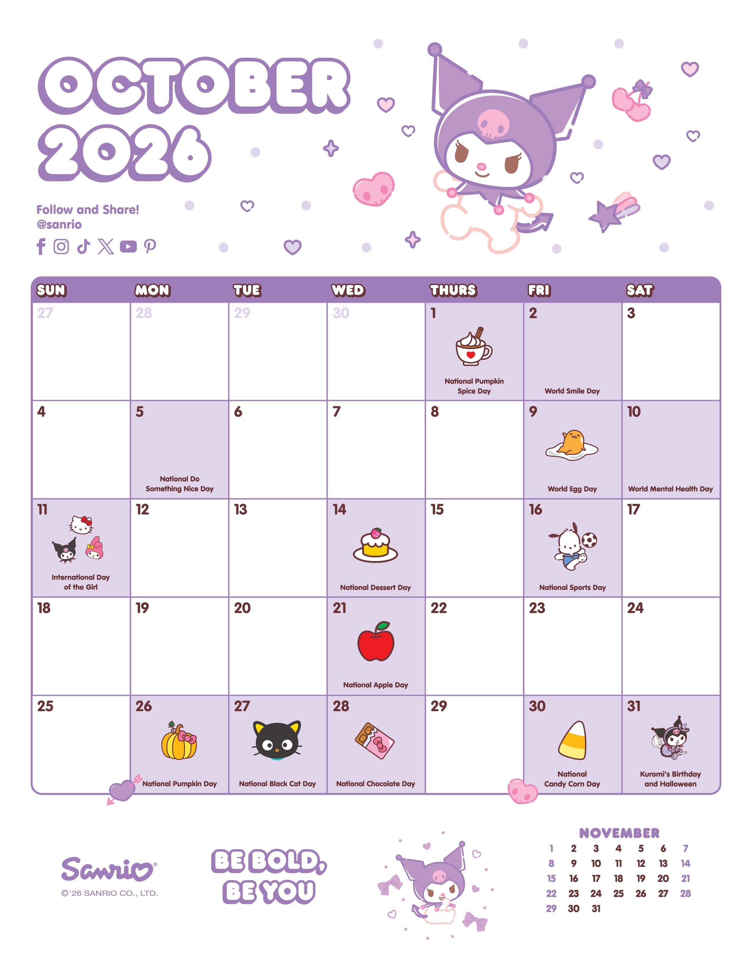 A pastel purple and lavender October 2026 planner calendar page featuring Sanrio characters like Kuromi and Hello Kitty, with weekly grids, small day-themed illustrations, and a small November calendar inset at the bottom right.