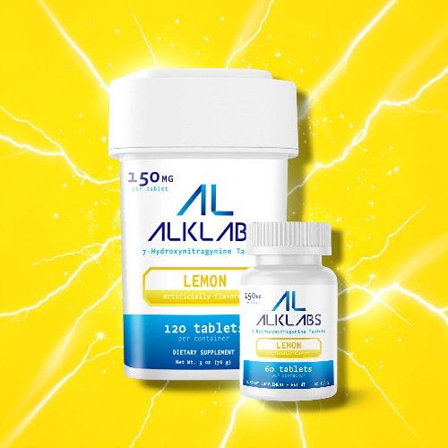 Two ALKLABS product containers on a vibrant yellow background.