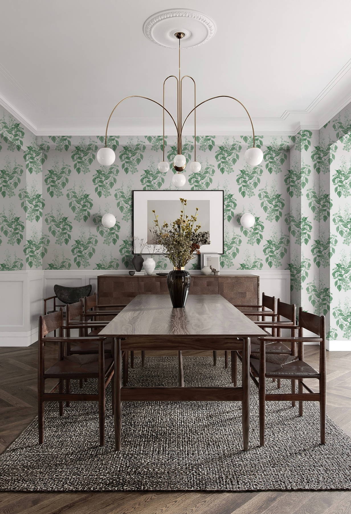 dues-ex-gardenia-Aviary-Isle-Wallpaper-Leaf-green-wallcovering-dining-room