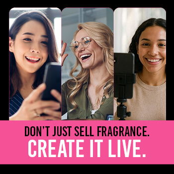 Three smiling women promoting live fragrance creation.