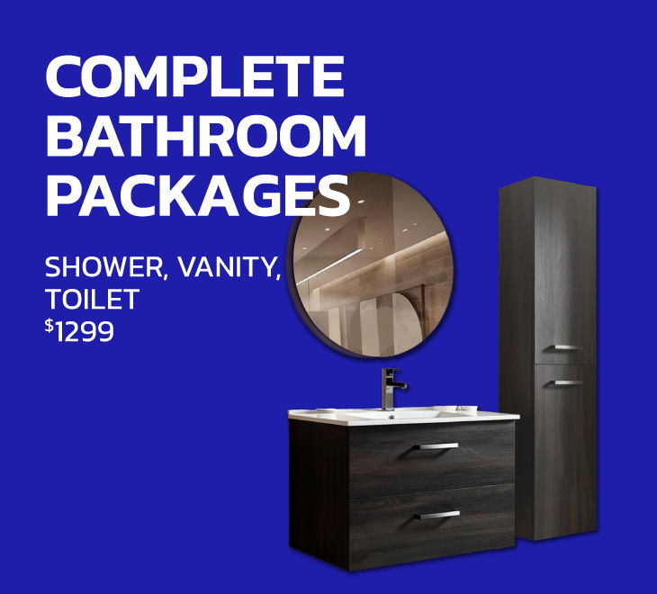 Complete bathroom packages: shower, vanity, toilet for $1299 on blue background.