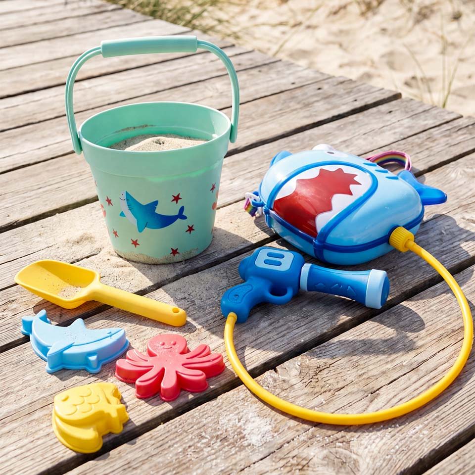 Colorful beach toys including a bucket, shovel, and water gun on wooden surface.