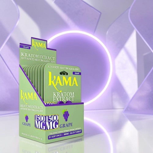 Kama kratom product display with grape flavor against a purple backdrop.