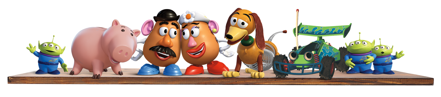 Toy characters including Mr. and Mrs. Potato Head, pig, dog, and aliens.