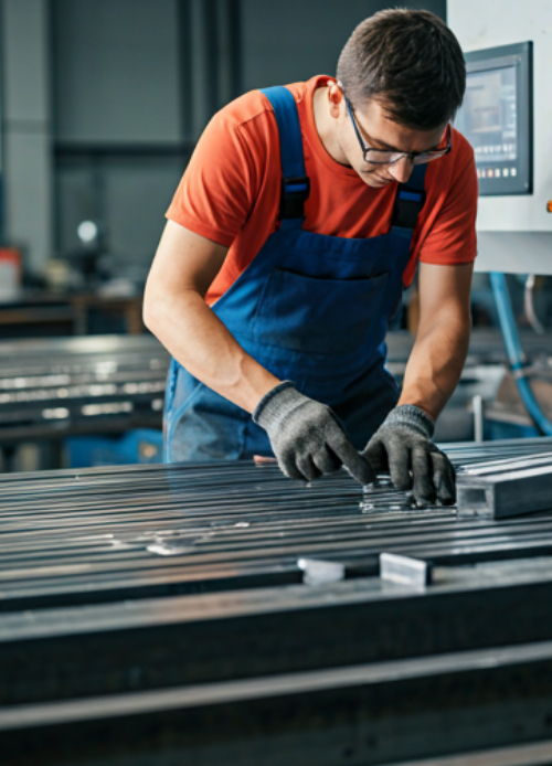Worker in gloves examining metal pieces in a manufacturing facility.
