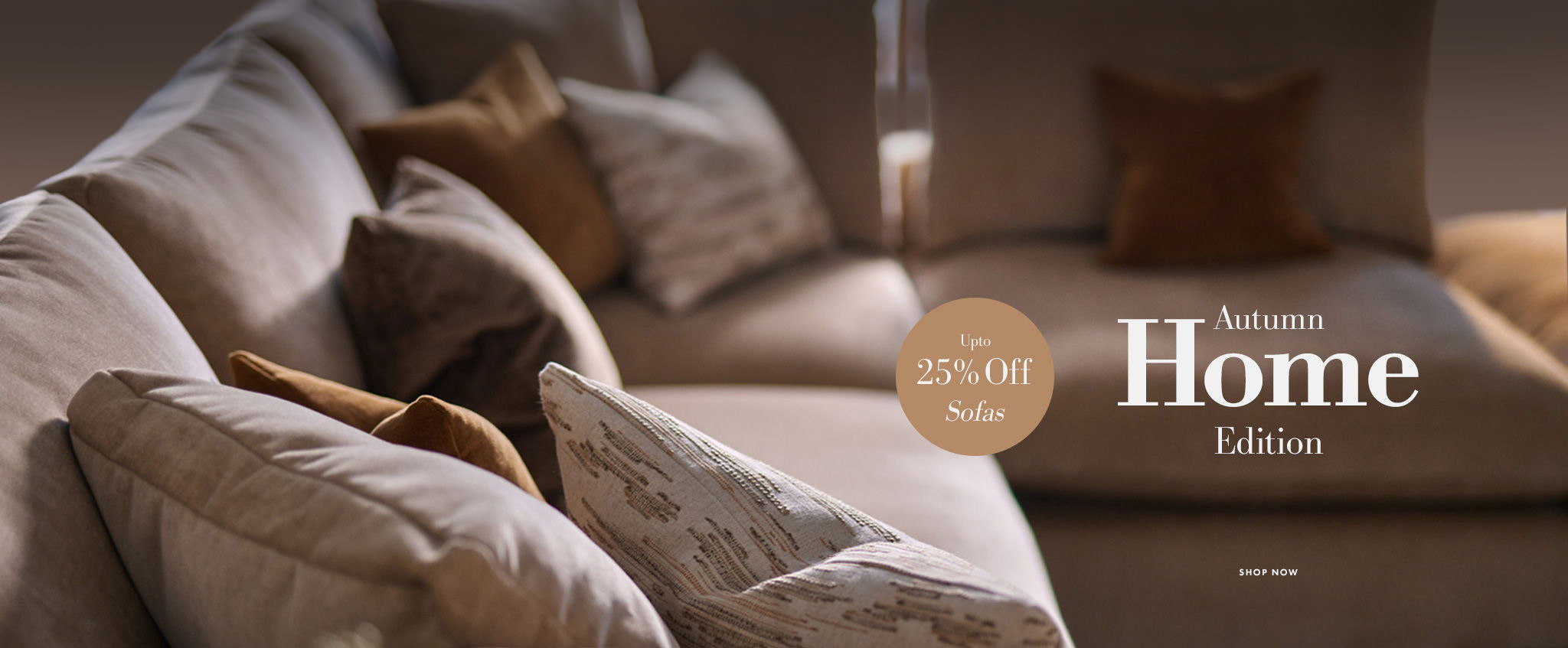 Cozy sofa with cushions, featuring a warm home decor aesthetic.