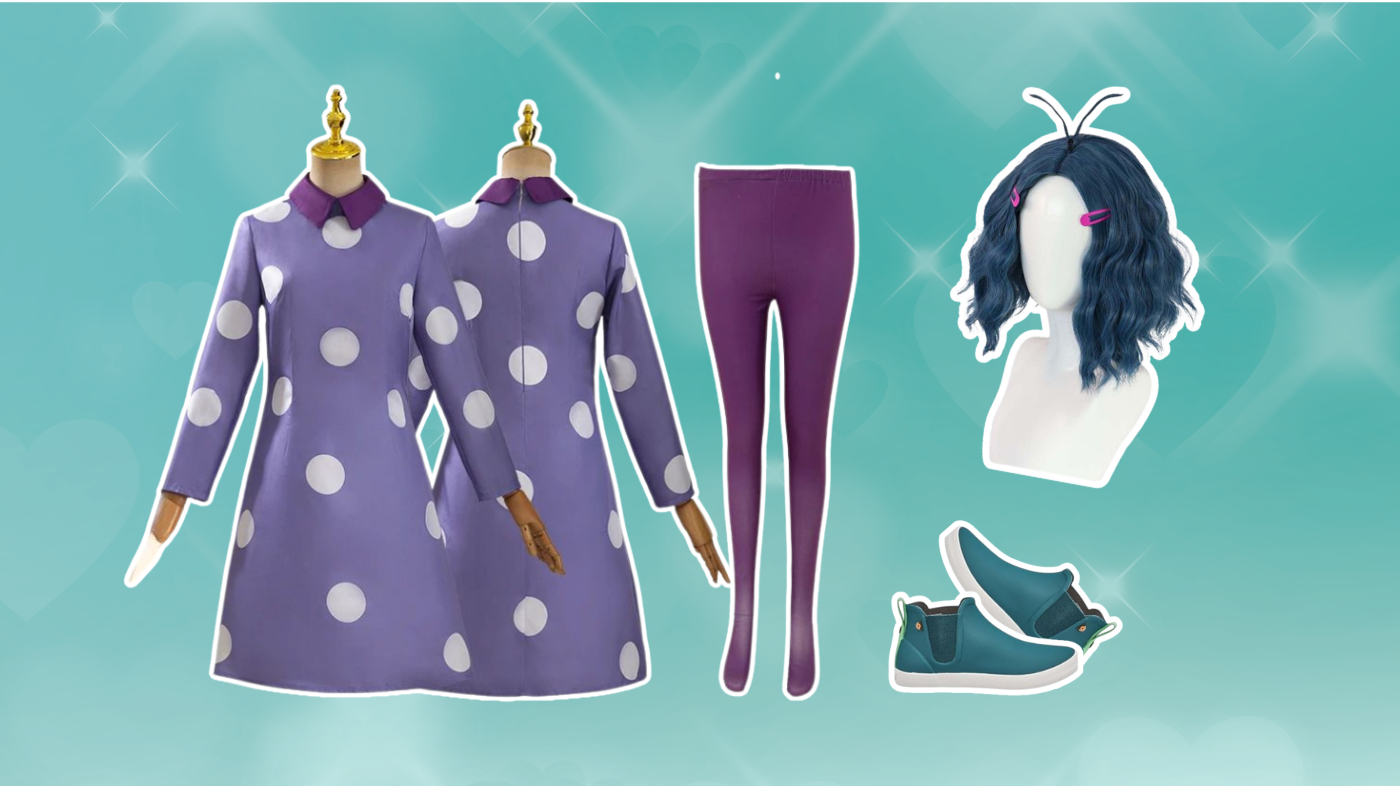 Envy cosplay costume elements from Inside Out 2 featuring lime green tunic dress, puff sleeves, oversized collar, green leggings, and statement accessories for vibrant, animated look