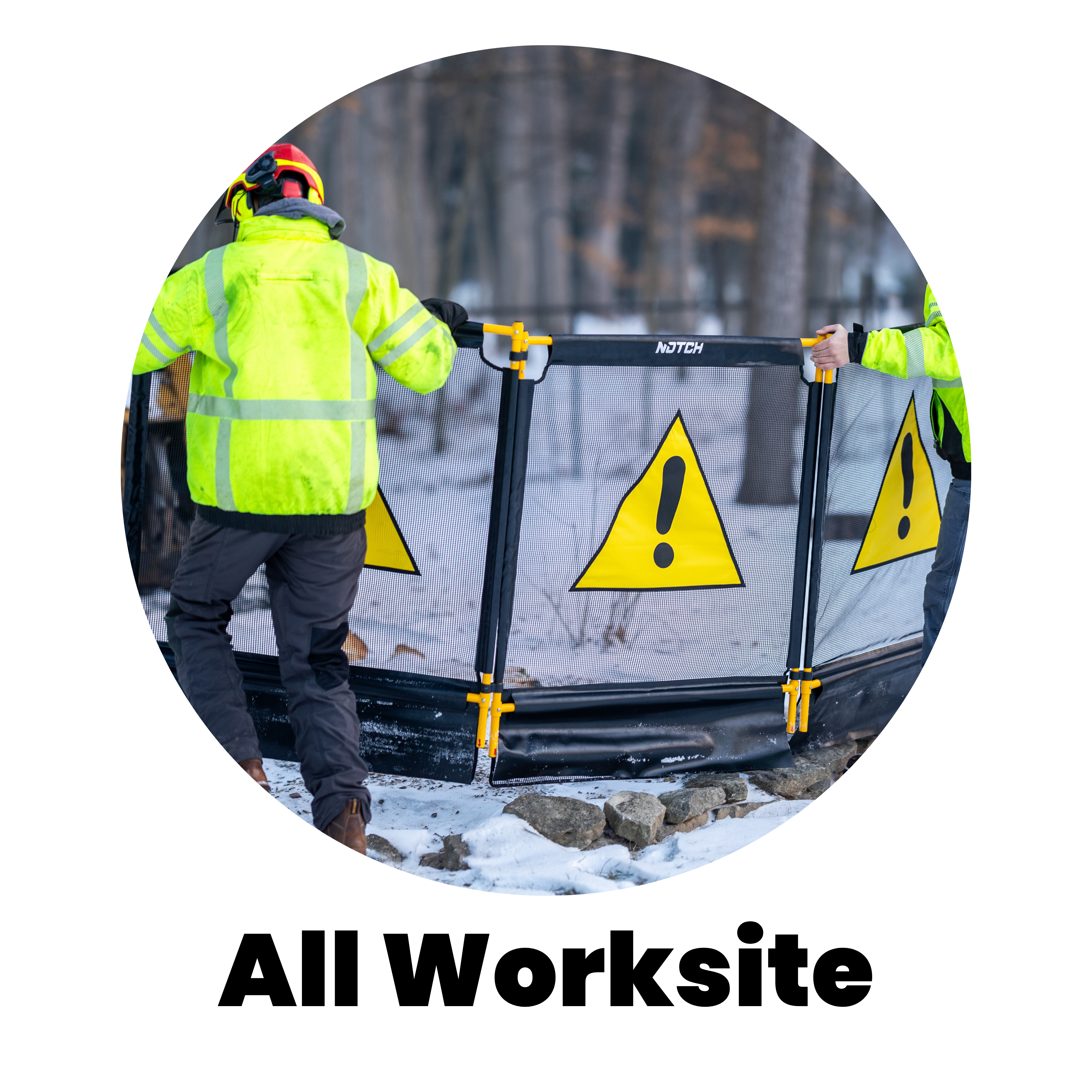 Workers in reflective jackets setting up a warning barrier in snowy terrain.