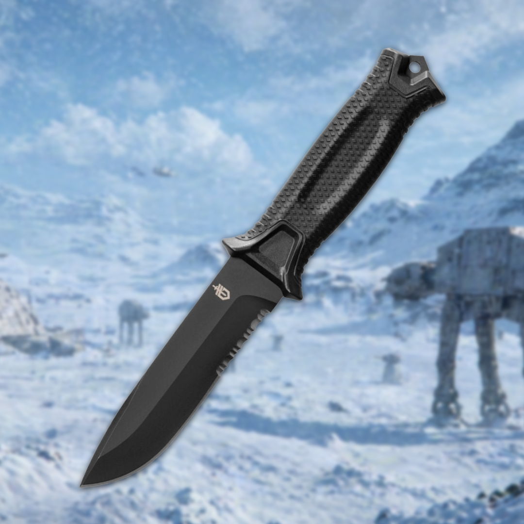 Black folding knife against a snowy landscape with AT-AT walkers in the background.