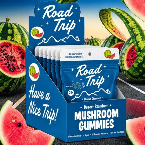 Display box of mushroom gummies with watermelon background and 