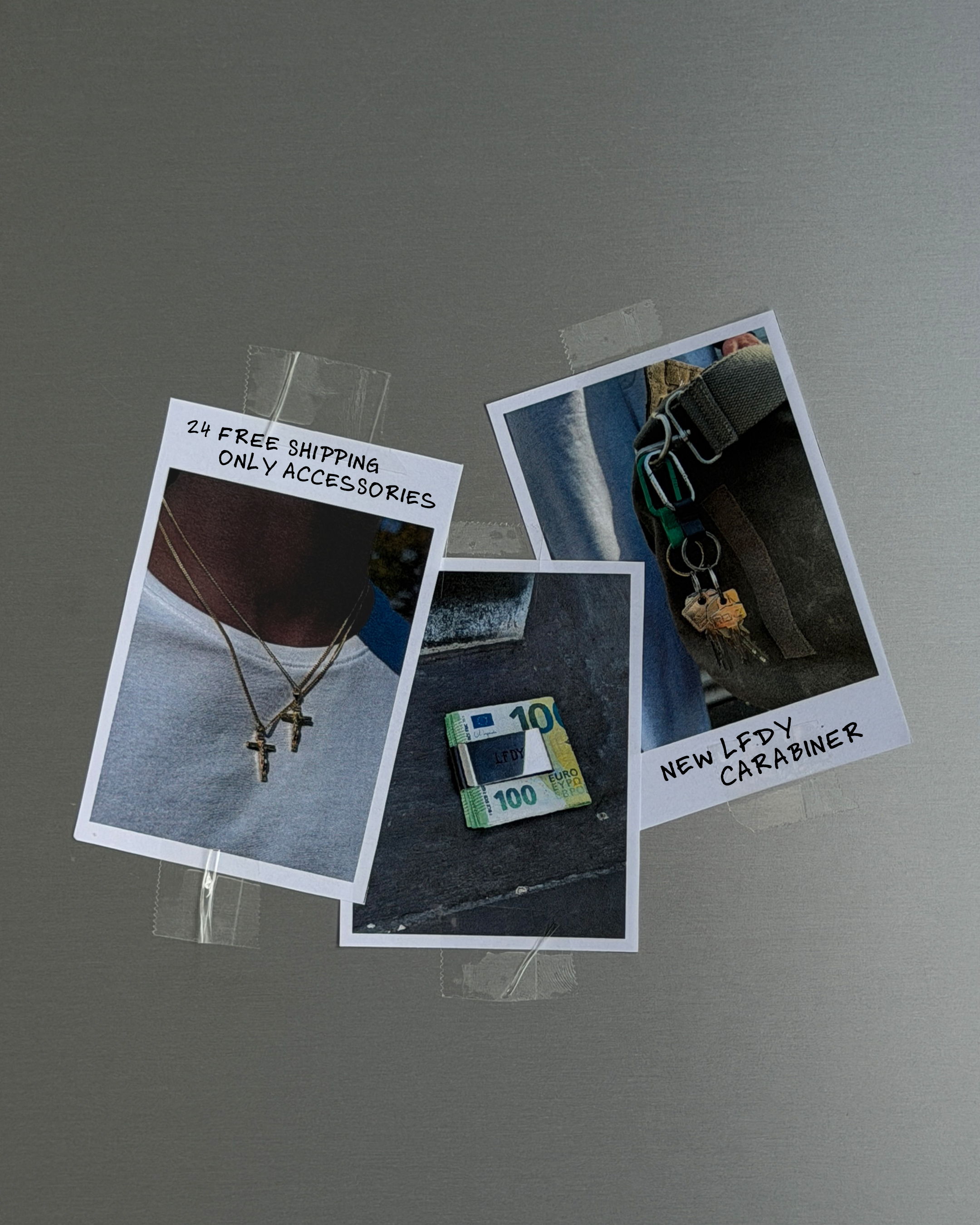 Three photo prints showcasing accessories with captions.