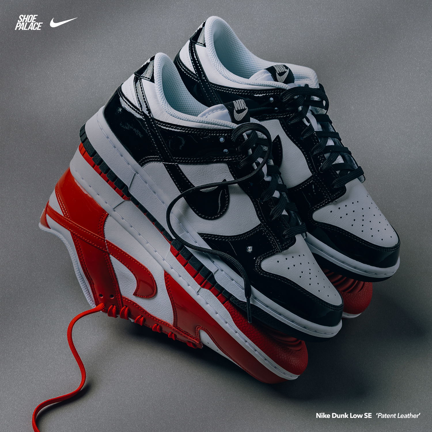 Nike shoes displayed on a neutral background, featuring a unique design.