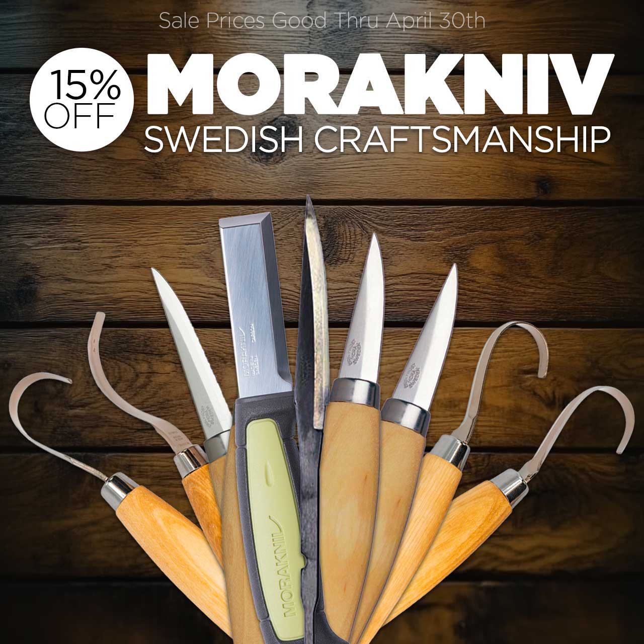 Morakniv knives with a 15% off promotional banner.