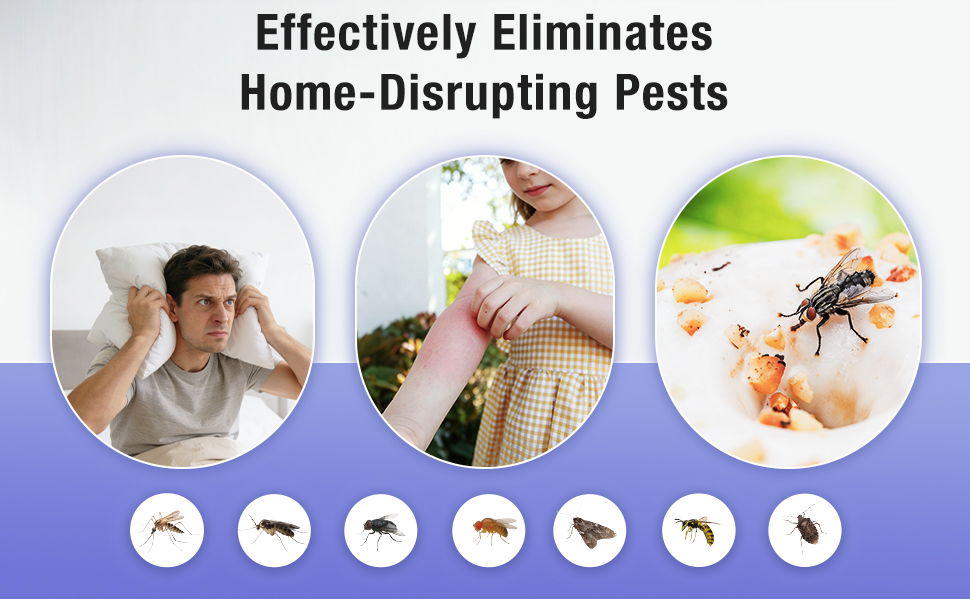 Effectively eliminates home-disrupting pests with various images and icons.