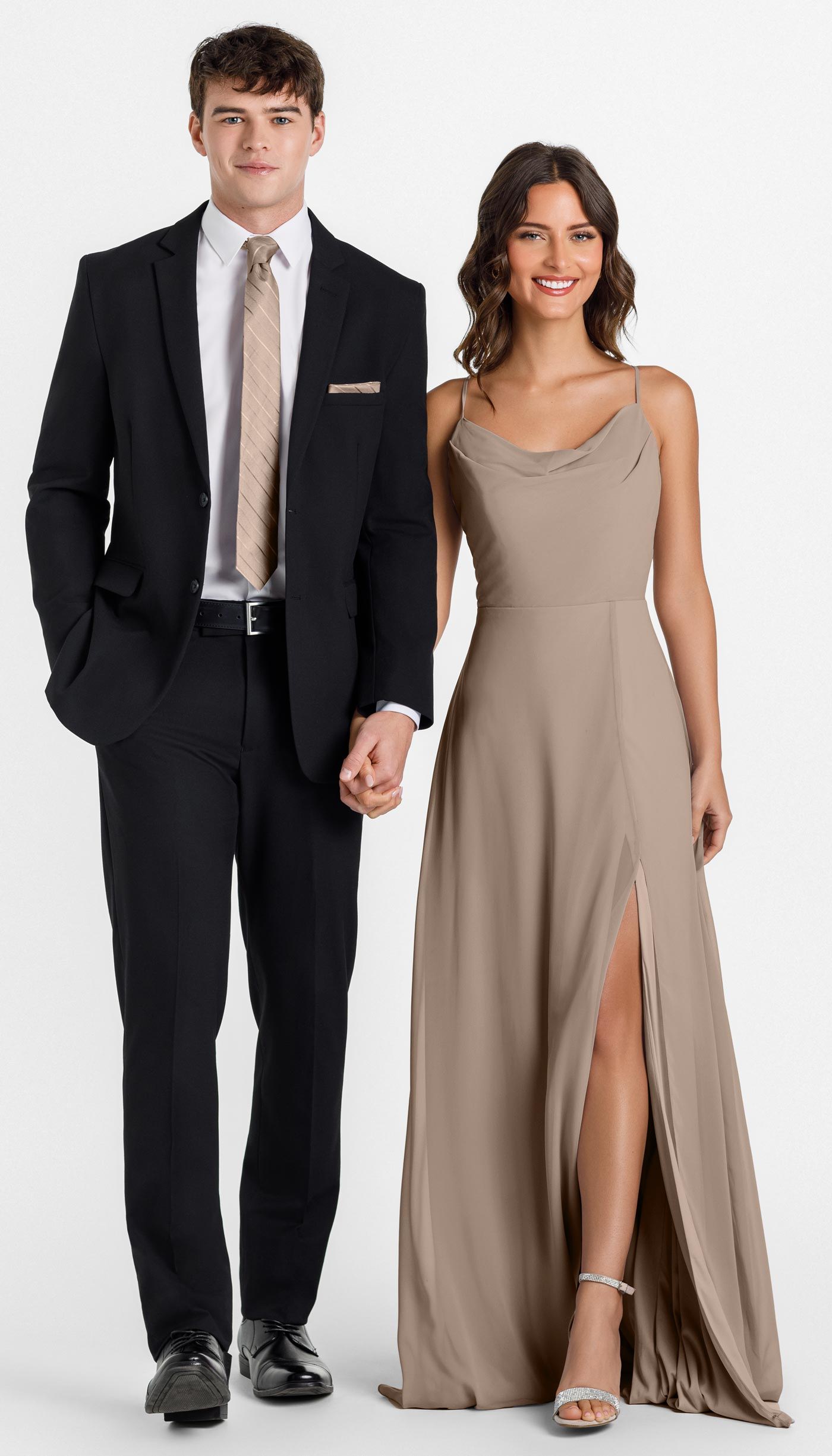 Black suit with latte bridesmaid dress