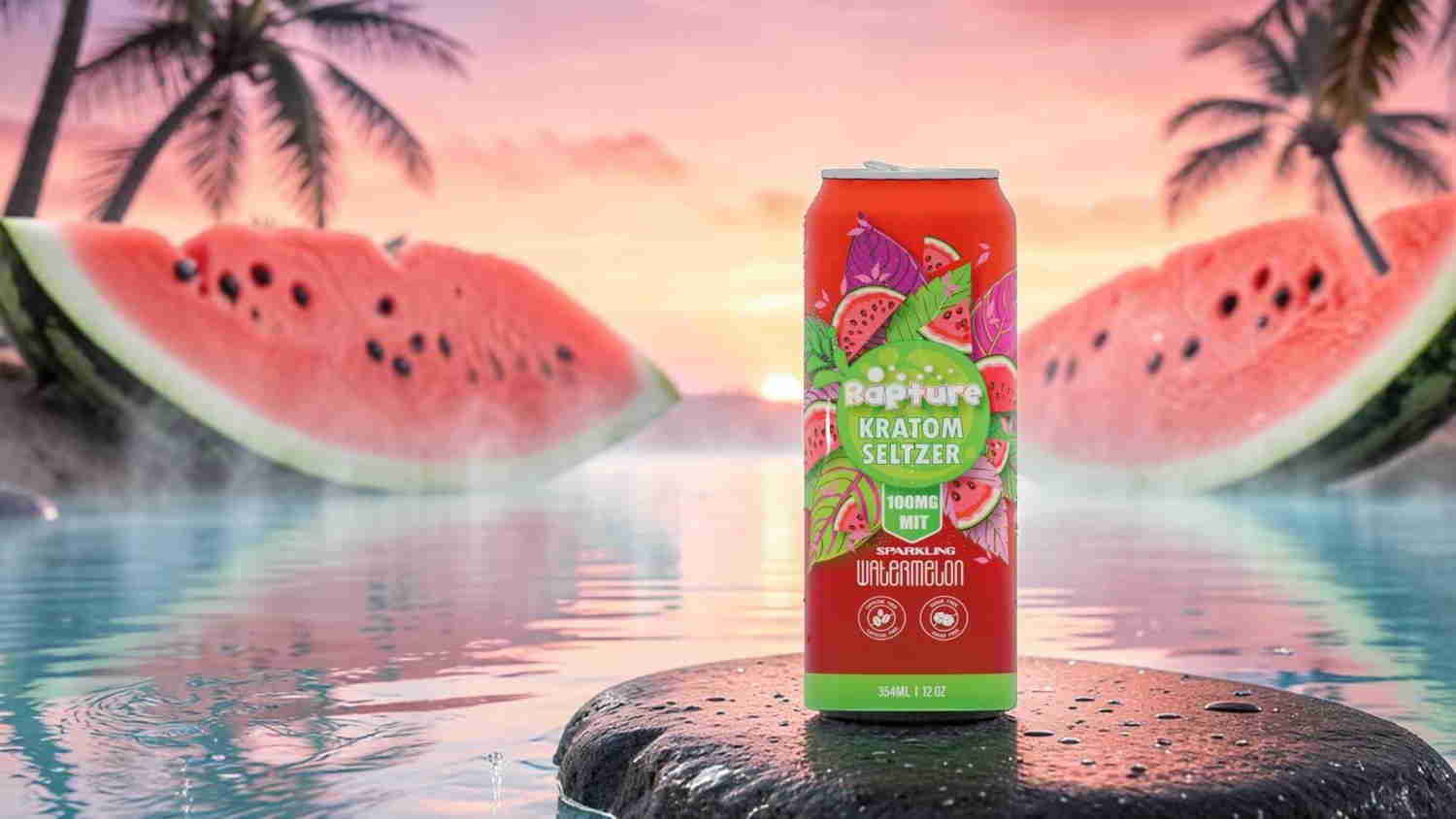 A can of watermelon drink near a pool with watermelon slices in the background.