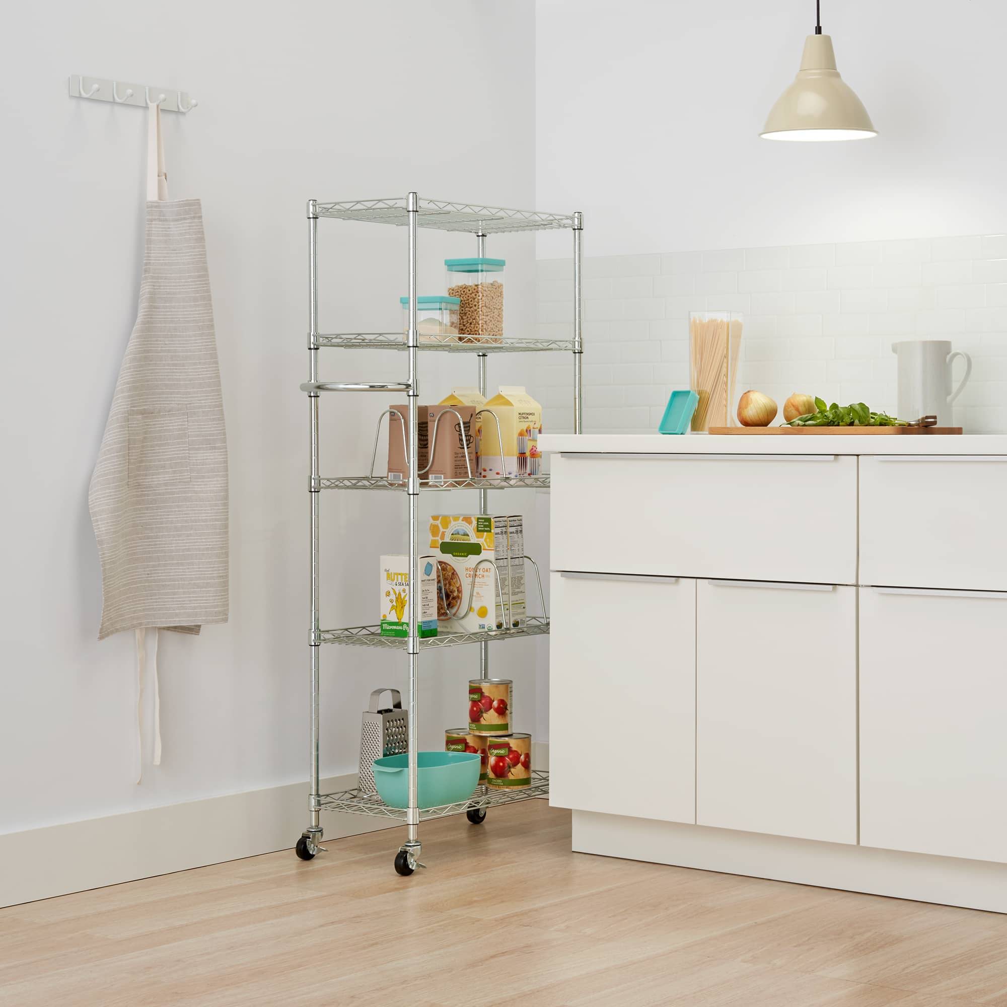 small shelving unit filled with pantry racks
