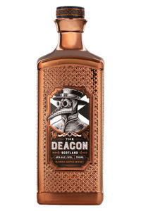 Copper bottle of Deacon Scotch whisky with a plague doctor label.