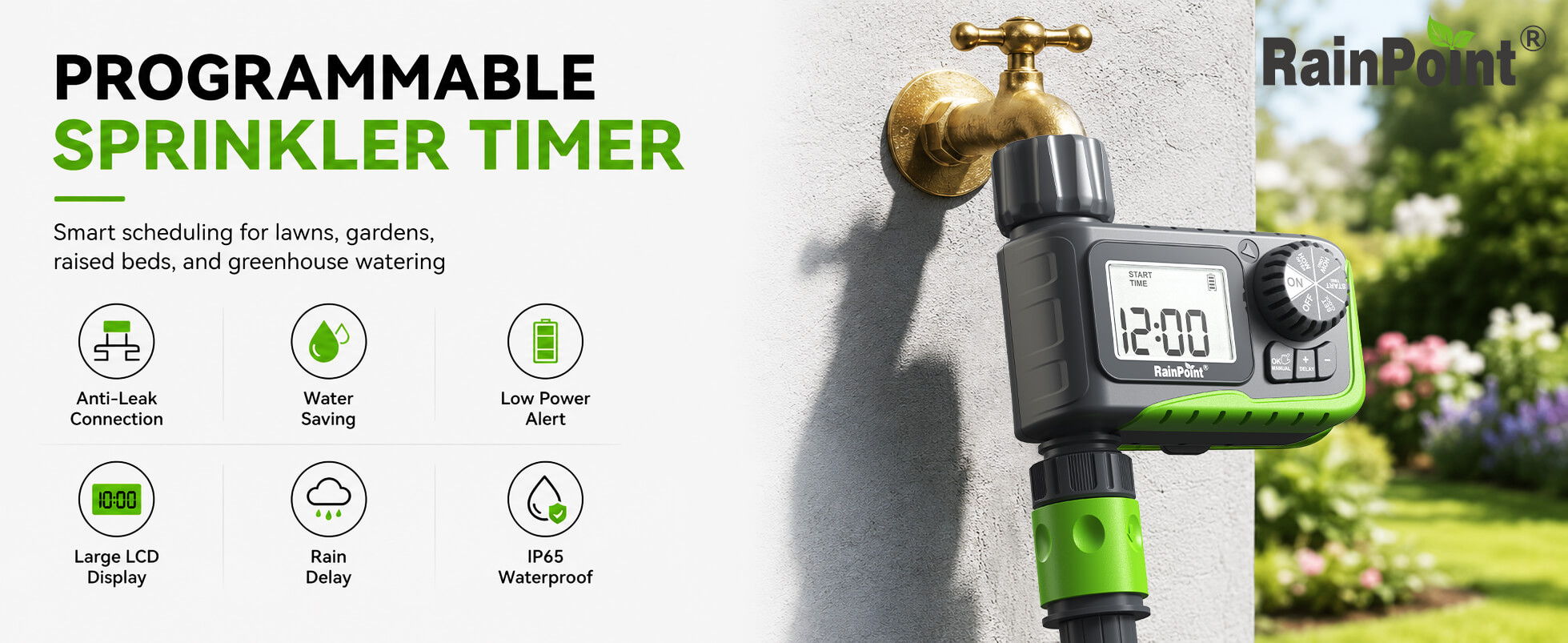 Programmable sprinkler timer attached to a wall with garden background.