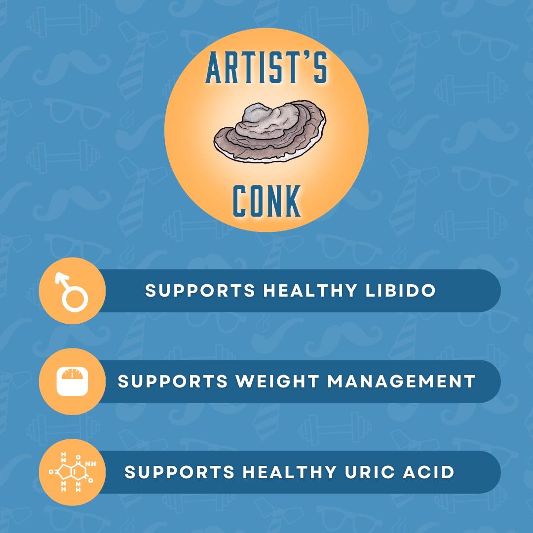 Artist's Conk for Men's Health Infographic in orange and blue. Reads, 