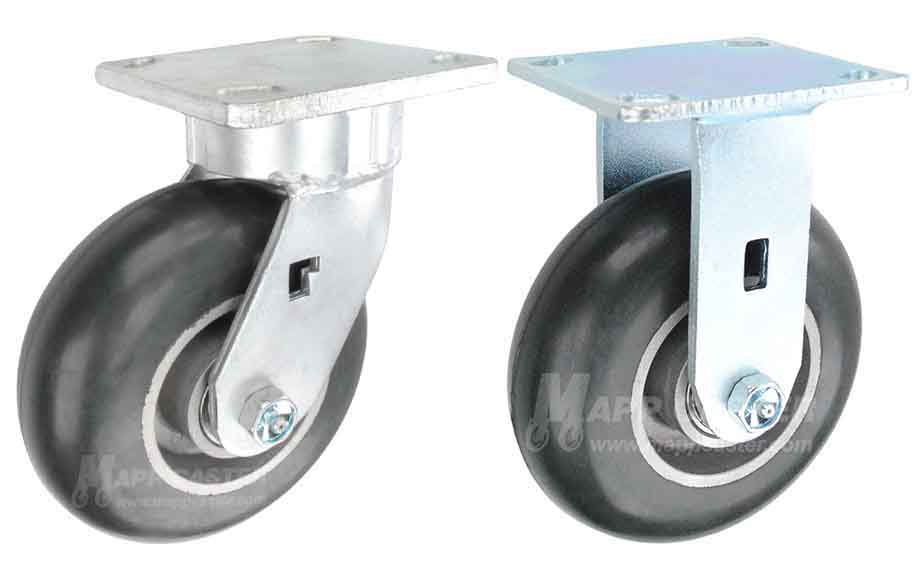 Swivel & Rigid Balloon cushion rubber on aluminum plate casters. Offers the smoothest & cushioned ride for rough & uneven floors. Corrosion, water & chemical resistant