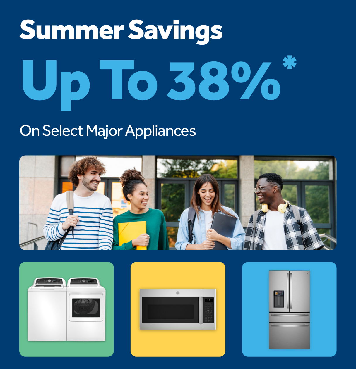 Summer savings on major appliances with discounts up to 38%.