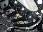 Four black train horns staggered mounting bracket brass elbow fittings spare tire undercarriage Lance's 1999 Toyota Tundra Shocker XL gallery photo 3