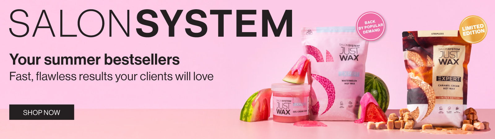 Promotional banner for Salon System summer bestsellers with product images.
