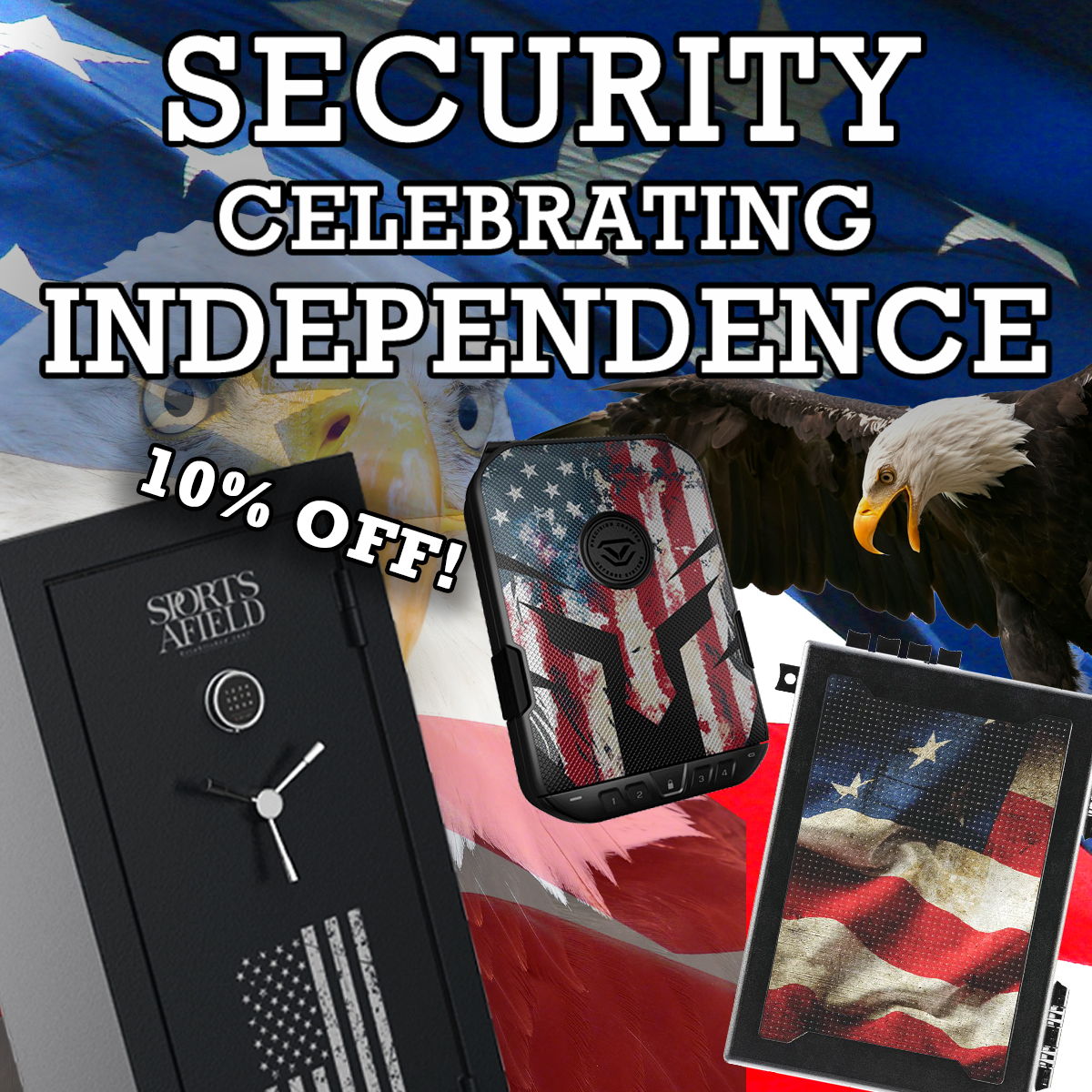 Promotional banner celebrating the 250th anniversary of America with USA themed items and 10% off a limited edition rifle safe.