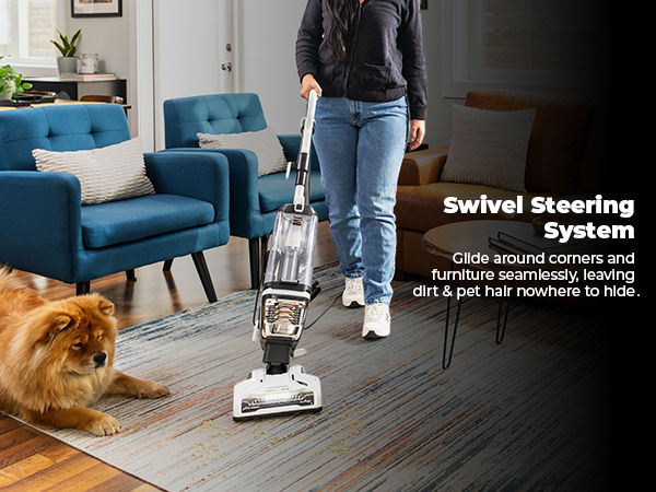 Person vacuuming near a dog in a living room setting.