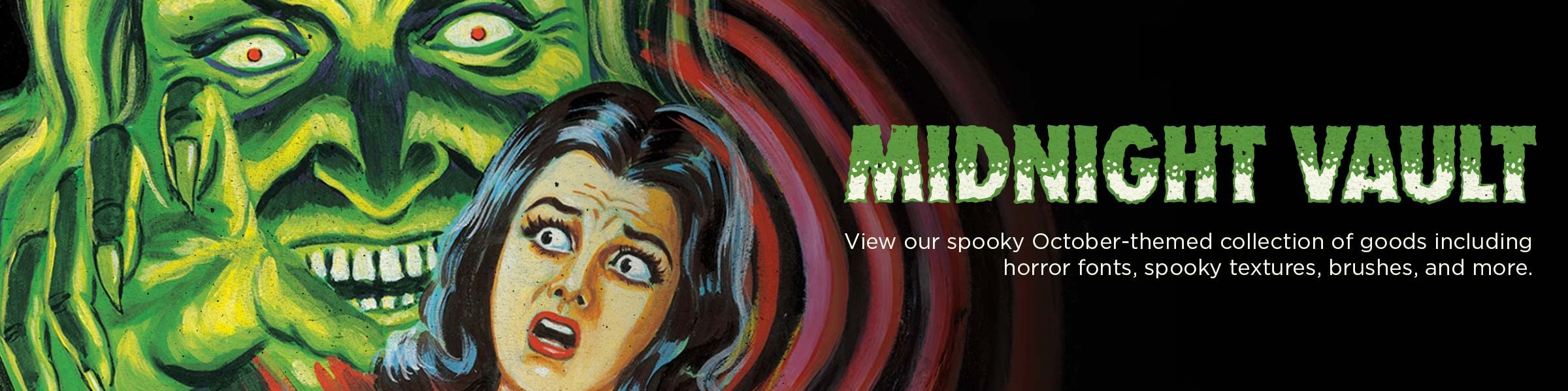 A green monster and a woman in a vintage horror-themed design.