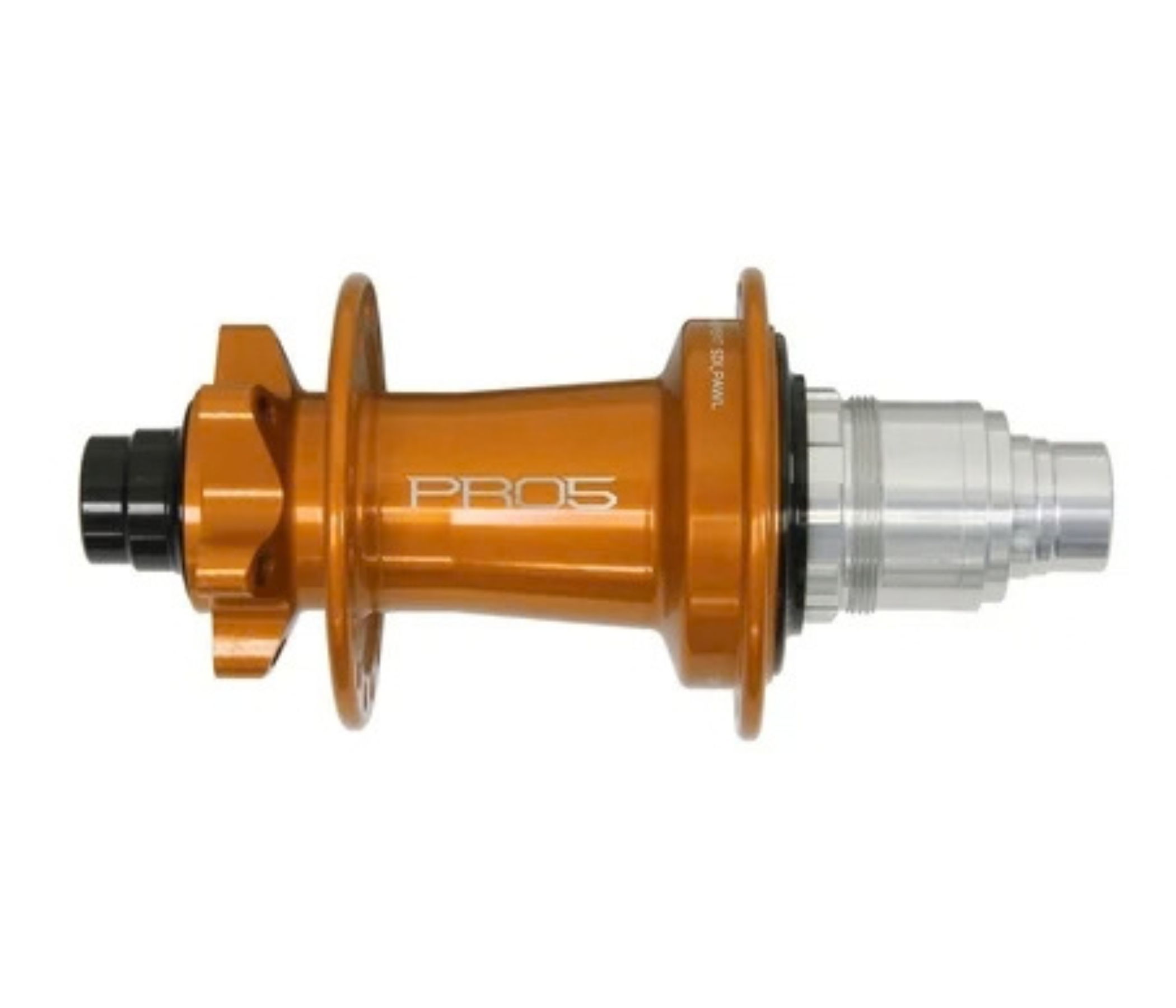 Orange bicycle hub with black and clear components.