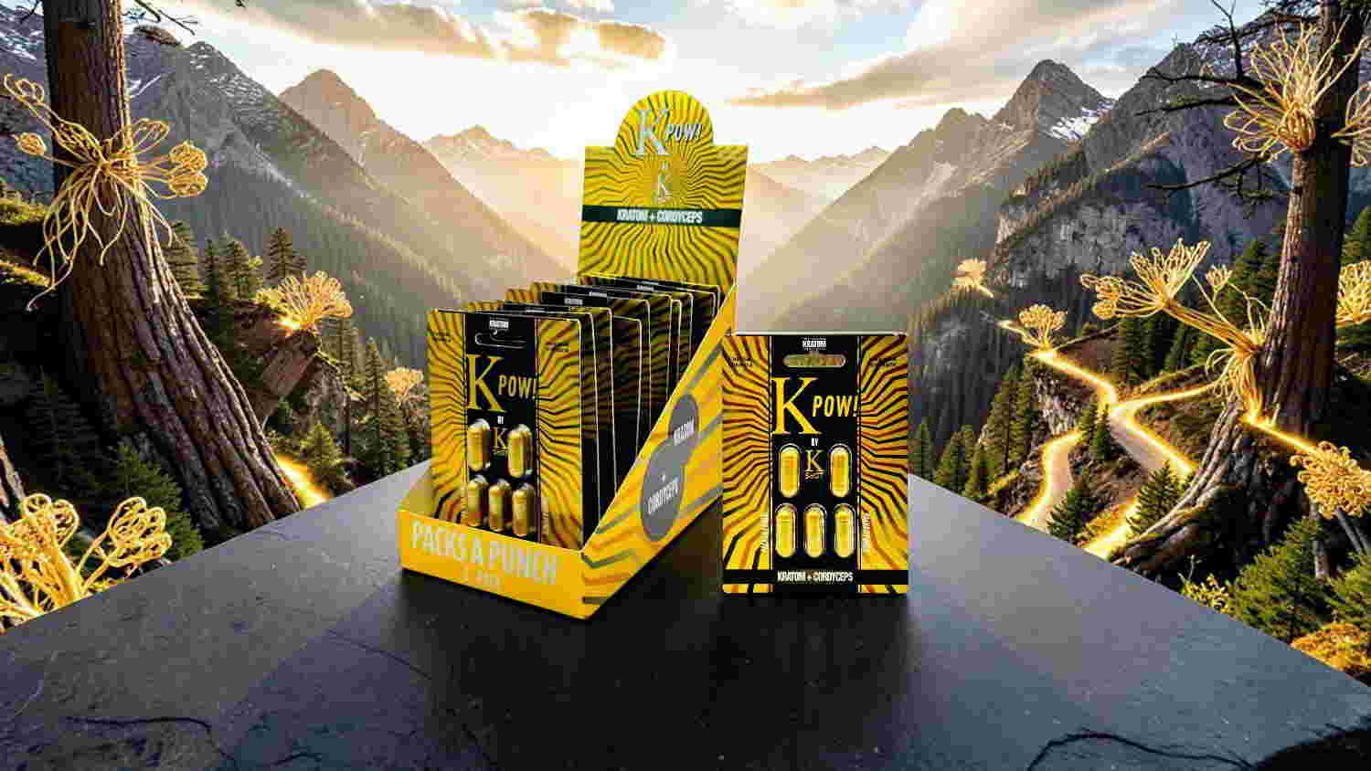 Display of products in a scenic mountain background with yellow packaging.