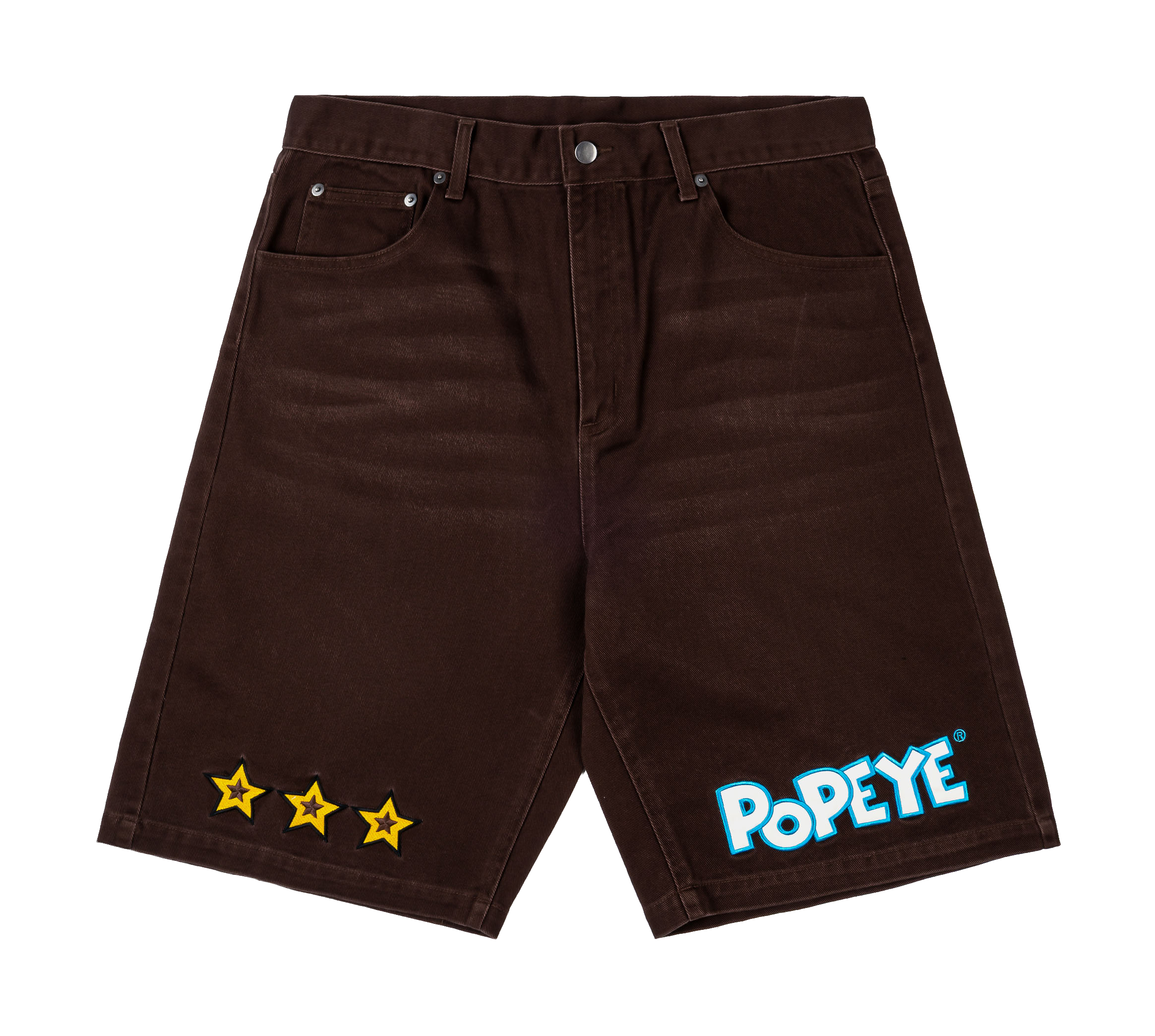 Brown shorts with Popeye logo and star designs.