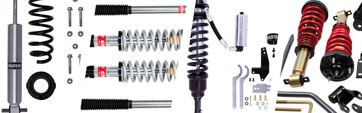 Photo collage of shocks and struts for off-road vehicles.