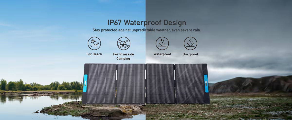 Water-resistant design with icons for durability and functionality by a water body.
