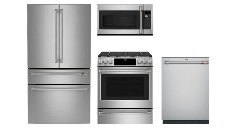 Four stainless steel kitchen appliances: refrigerator, microwave, oven, and dishwasher.
