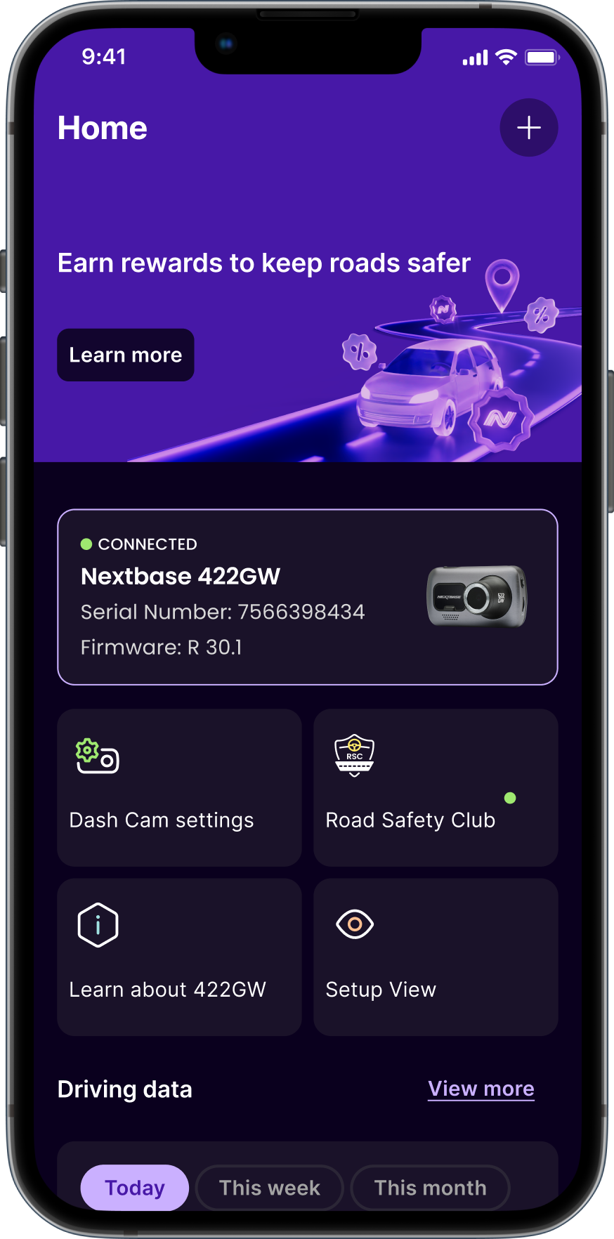 Mobile app interface displaying dash cam information and settings.