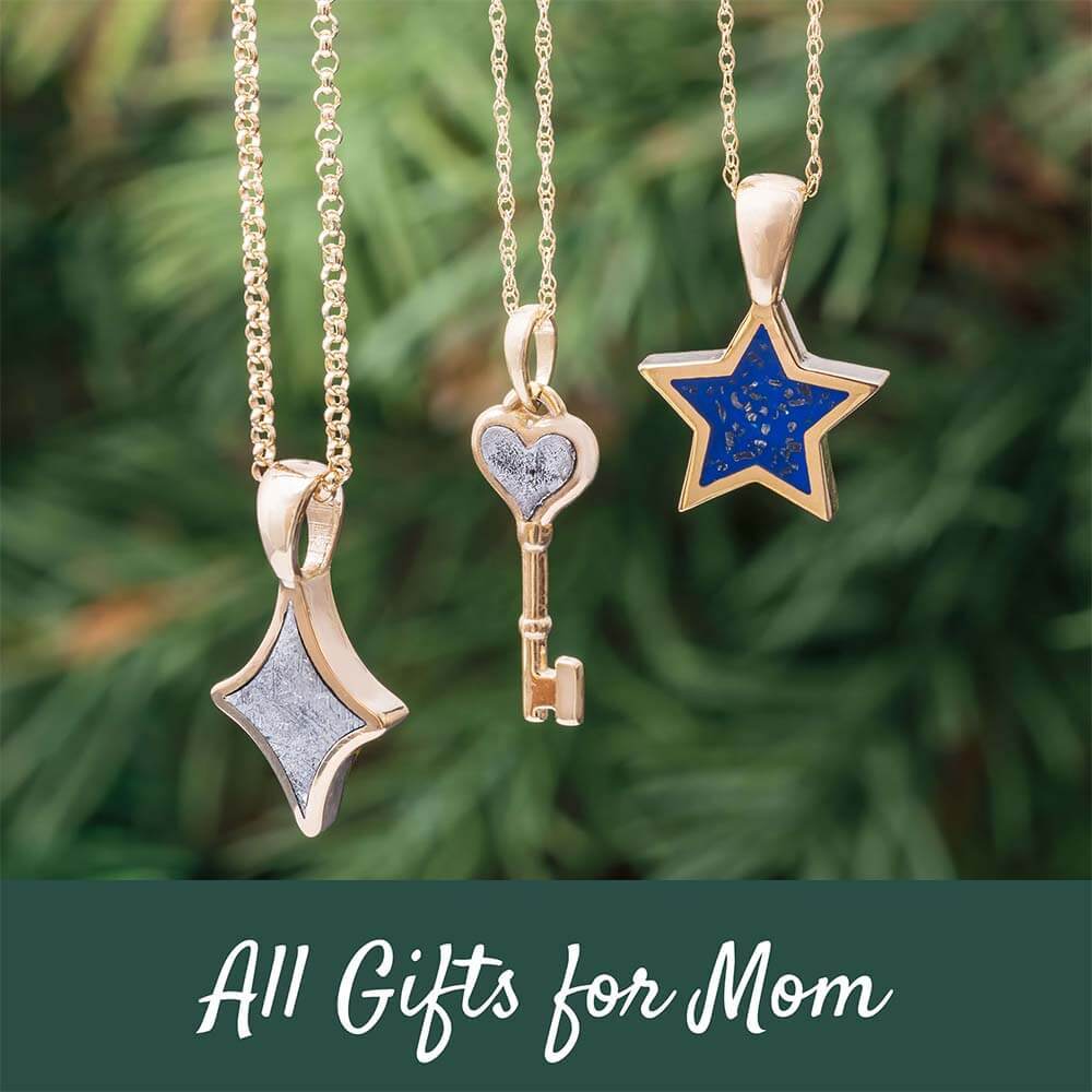 Three necklaces displayed, featuring various shapes, with text 