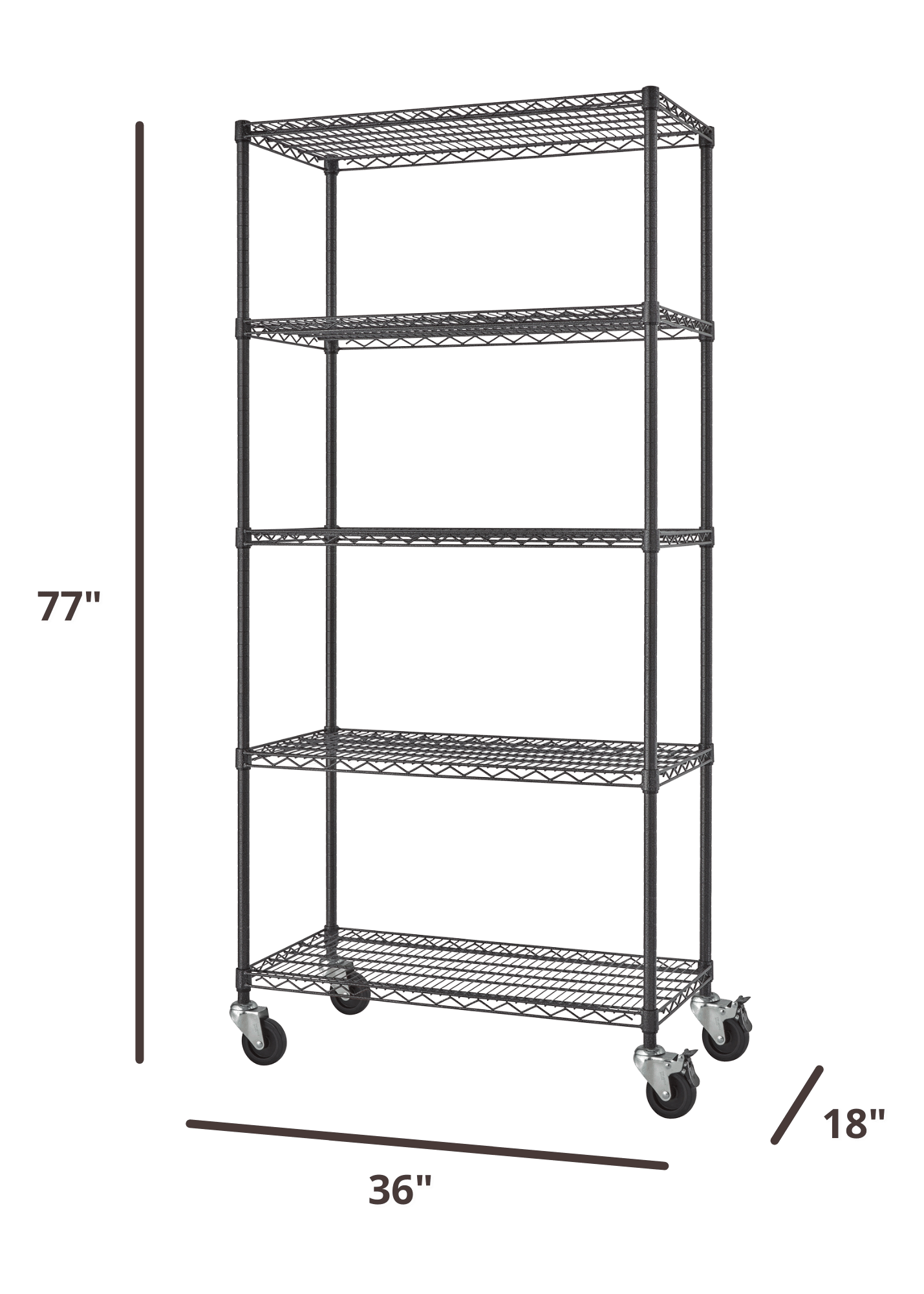 77 inches tall by 36 inches black wire shelving rack with 5 shelves and wheels