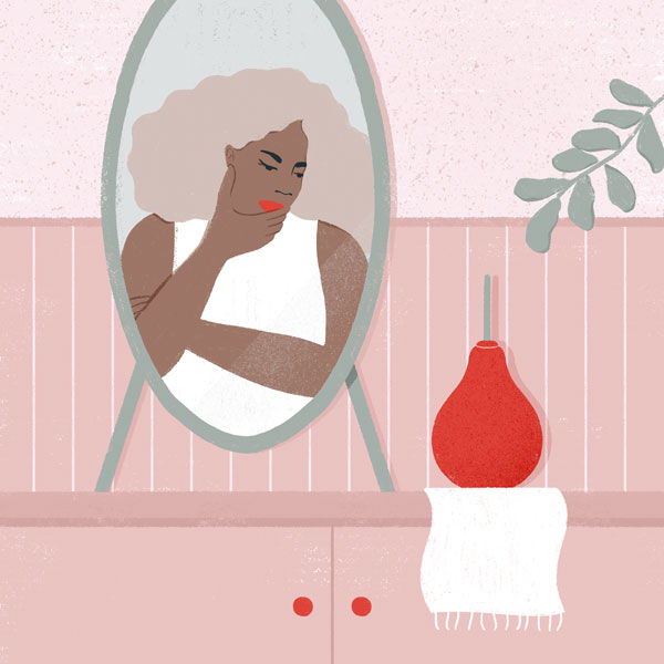 Ilustração de uma mulher olhando para o espelho com expressão de dúvida
