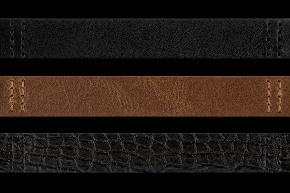 Premium leather cuff options—black, brown, and alligator