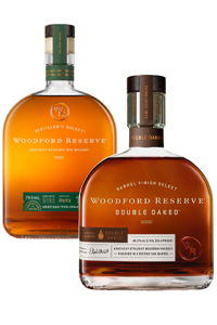 Two bottles of Woodford Reserve whiskey, one regular and one double oaked.