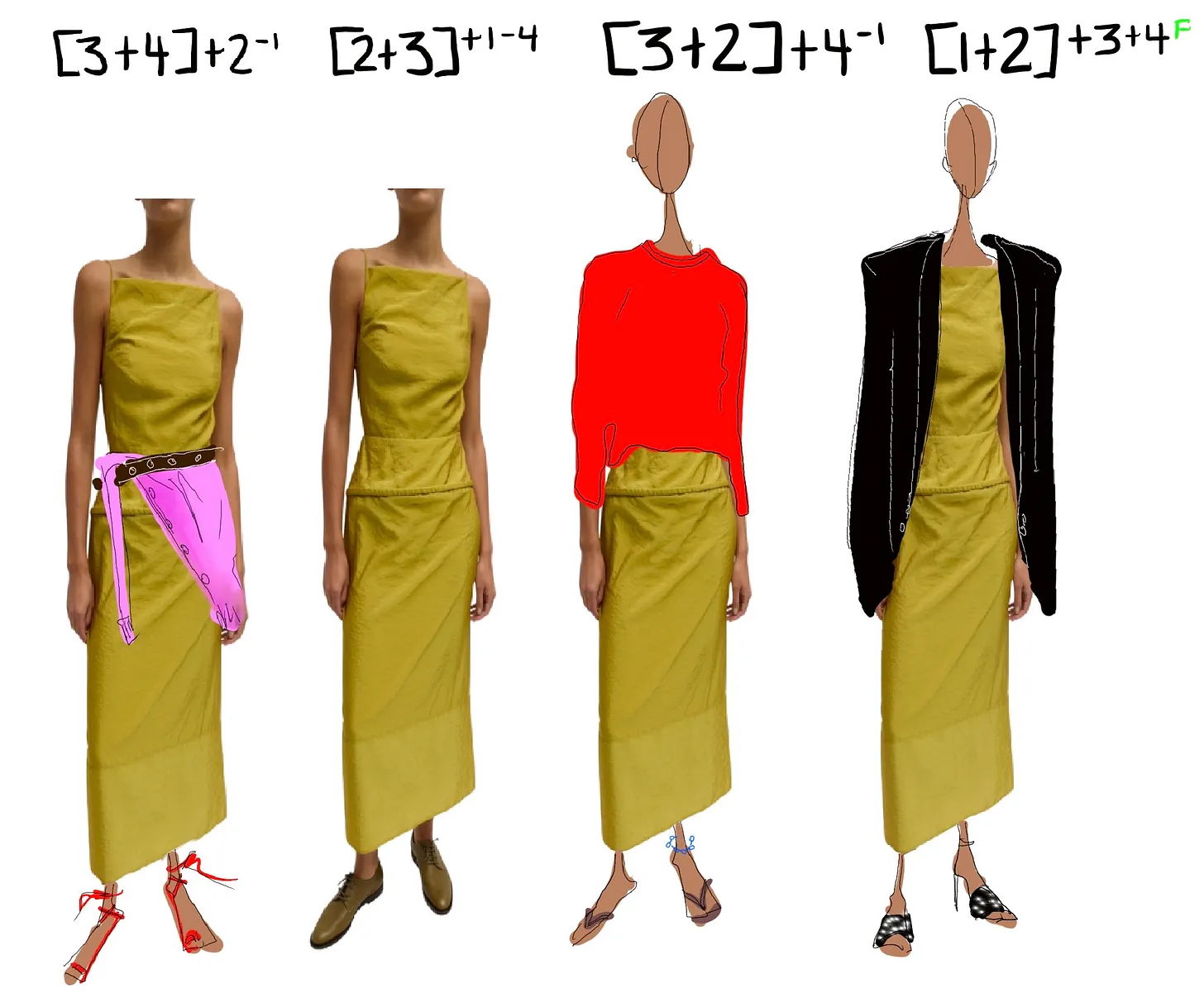 Four fashion designs featuring variations of a yellow dress in different styles.