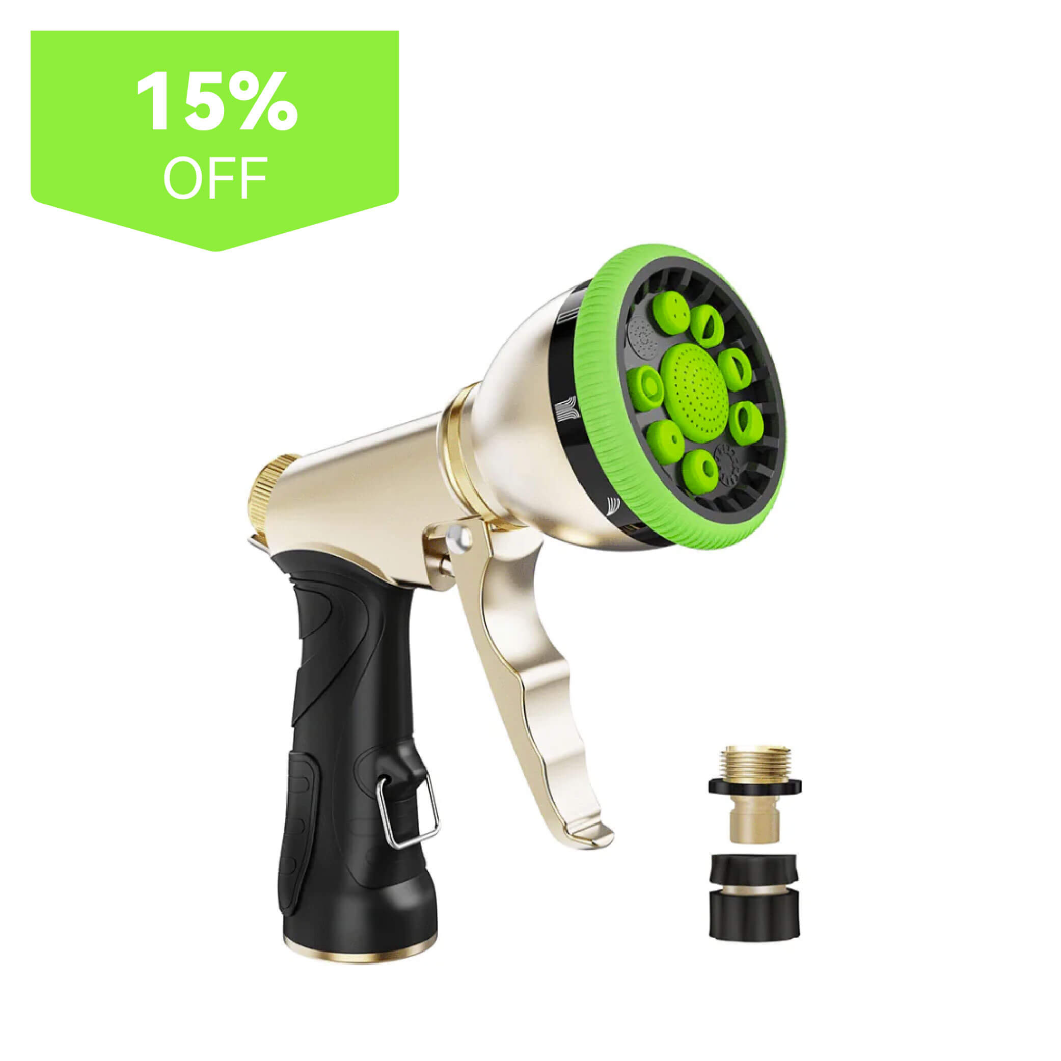 Garden hose nozzle with multiple settings and discount tag.