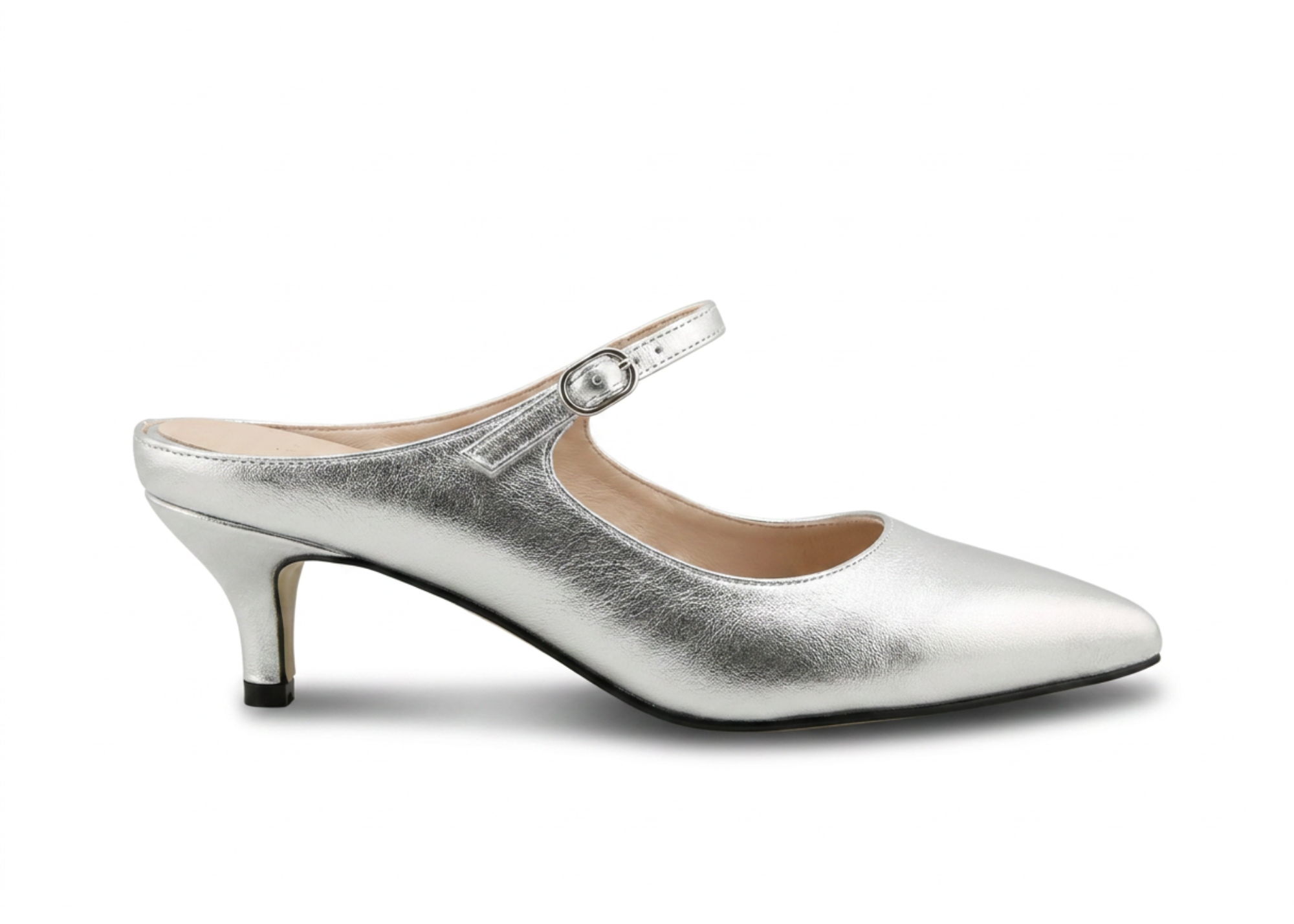 Silver pointed-toe slingback heels with a small heel.
