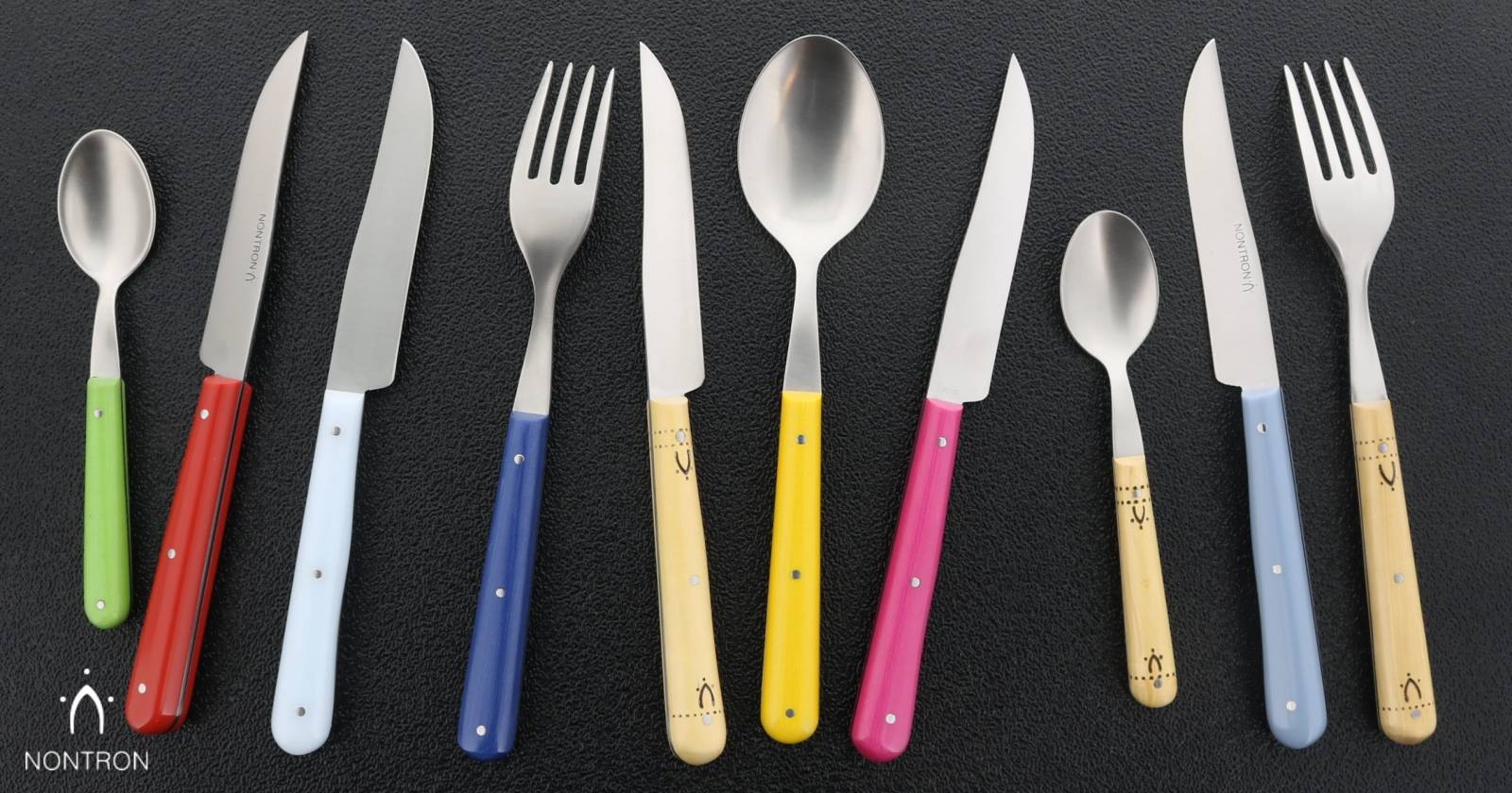 nontron cutlery spoon knife and forks in several colors - wood yellow red, light blue, dark blue, pink